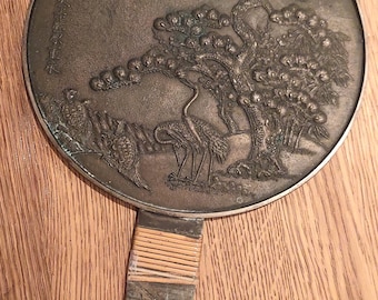 アンティークの日本の鏡 - 青銅製の手鏡 - 飛鶴亀松 江戸時代 1603