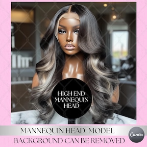 May include: A mannequin head with long, wavy black and light blonde hair. The head is wearing a wig. The text "HIGH END MANNEQUIN HEAD" is on a black circle in front of the head. The text "MANNEQUIN HEAD MODEL BACKGROUND CAN BE REMOVED" is at the bottom of the image.