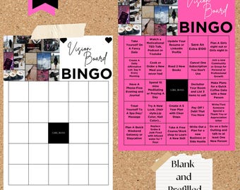 May include: A pink and black bingo card with the words "Vision Board" at the top. The card has a variety of tasks and activities related to self-improvement, such as "Take Yourself On A Fancy Date", "Create A Daily Affirmative List", "Have A Phone-Free Evening and Journal", "Treat Yourself To A Spa Day/Massage", "Plan A Quick Weekend Getaway or Staycation", "Watch A Motivational TED Talk, Podcast or Youtube", "Cook or Order A New Meal You Never Had", "Spend 10 Mins Meditating or Praying A Day", "Try A New Look (Hair Style, Lip Color, Nail Color)", "Replace Sodas & Junk Food With Infused Water For 7 Days", "Update Your Resume or Linkedin Profile", "Read 2 New Books", "Create A 5 Year Plan With Clear Steps", "Take A Free Course/Workshop To Learn A New Skill", "Save An Extra $100", "Cancel One Subscription You Don't Use", "Declutter Your Room And List 3 Items To Sell", "Pay Off 1 Debt That You Have", "Plan A Girls Night Out Or Girls Night In", "Join A New Community Or Group For Personal Or Professional Growth", "Make Plans For A Quick Coffee Date With A New Person", "Write/Text Someone Special A Thank You Or Appreciation Letter", "Write Out A Plan For A New Business Or Side Hustle", "Go On A Solo Outting And Talk To At Least One New Person".