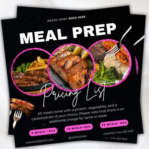 Może przedstawiać: Czarny ulotka z napisem "MEAL PREP" i zdjęciami przygotowanych posiłków. Zawiera cennik i tekst "Wszystkie posiłki zawierają białko, warzywa i węglowodany do wyboru."