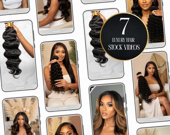 May include: A collage of images featuring various hairstyles and hair extensions. The images are displayed on smartphone screens. A circular graphic in the center reads "7 Luxury Hair Stock Videos."