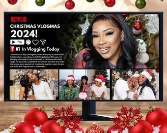 May include: A computer monitor displays a Netflix Christmas Vlogmas 2024! graphic with a woman's face. The screen shows a collage of images with people in festive attire. Red and green Christmas ornaments hang above the monitor.