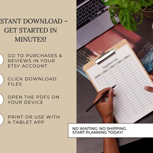 May include: A clipboard with a "Suppliers List" form is held by a person. The image includes instructions: "Instant Download - Get Started in Minutes!" with steps to download and use the PDF. Text at the bottom says "No waiting. No shipping. Start planning today!"