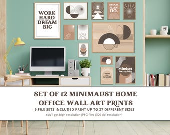 Puede incluir: Conjunto de 12 impresiones de arte de pared minimalistas para el hogar o la oficina, con formas geométricas, diseños abstractos y citas motivacionales. Las impresiones son en tonos marrones, beige y blanco, con un fondo verde.