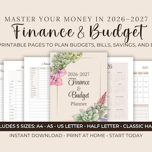 May include: A beige 2026-2027 Finance & Budget Planner with floral accents. The planner includes 67 printable pages for budgeting, bills, savings, and debt. Includes A4, A5, US Letter, Half Letter, and Classic Happy sizes.