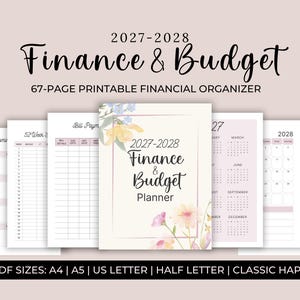 Pode incluir: Um organizador financeiro imprimível de 67 páginas intitulado 2027-2028 Finance & Budget Planner. O conjunto inclui várias folhas de rastreamento para contas e calendários, com ilustrações florais e texto preto em papel branco.