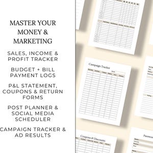 May include: A collection of white paper documents with text, including "Master Your Money & Marketing," "Sales, Income & Profit Tracker," and "Campaign Tracker." The documents are arranged on a light beige surface.