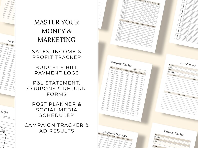 May include: A collection of white paper documents with text, including "Master Your Money & Marketing," "Sales, Income & Profit Tracker," and "Campaign Tracker." The documents are arranged on a light beige surface.