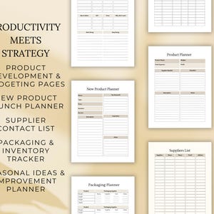 May include: A collection of printable planner pages with headings including "Productivity Meets Strategy," "Product Development & Budgeting Pages," and "New Product Launch Planner." The pages are beige and white, designed for business planning and organization.