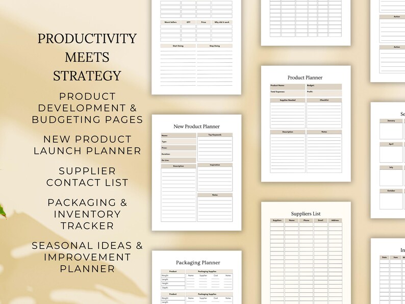 May include: A collection of printable planner pages with headings including "Productivity Meets Strategy," "Product Development & Budgeting Pages," and "New Product Launch Planner." The pages are beige and white, designed for business planning and organization.