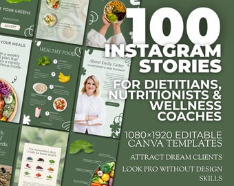 100 Nutrition Coach Instagram Stories Canva Editable Templates for Dietitians, Wellness & Health Coaches