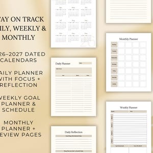 May include: A collection of undated planner pages and calendars. The pages include daily, weekly, and monthly layouts, with sections for focus, reflection, goals, and reviews. The text on the image says "Stay on Track Daily, Weekly & Monthly" and "2026-2027 Dated Calendars."
