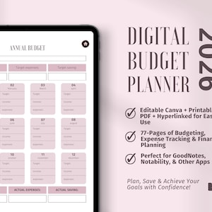 Planejador Orçamentário Digital 2026: Hiperlinkado e Editável no Canva (PDF, PNG, JPG)