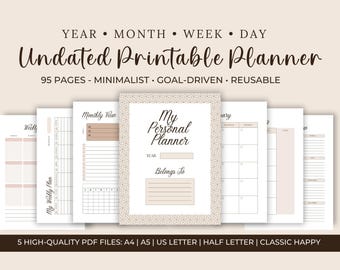 Minimalist Undated Planner, Weekly, Monthly, Daily (Printable PDF)