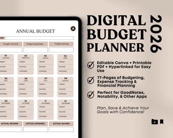 2026 Digital Budget Planner, Expense & Savings Tracker (PDF, PNG, JPG)