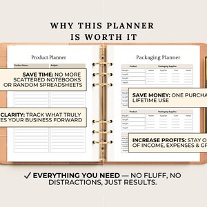May include: A planner with a light brown cover, open to reveal product and packaging planning pages. Text includes "Save Time," "Gain Clarity," and "Increase Profits." The planner is designed to help track business progress.