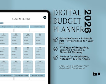 2026 Digital Budget Planner, Hyperlinked PDF (77 Pages)