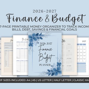 Puede incluir: Un conjunto de planificadores financieros y presupuestarios imprimibles para 2026-2027. La portada presenta diseños florales y el texto "Finance & Budget". Incluye páginas para el seguimiento de ingresos, facturas, deudas, ahorros y objetivos financieros. Disponible en A4, A5, US Letter, Half Letter y Classic Happy.