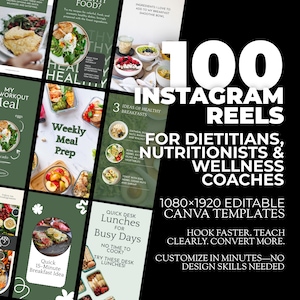 Può includere: Immagine promozionale di 100 modelli di Reels Instagram per dietologi, nutrizionisti e coach del benessere. I modelli sono progettati per Canva e includono grafica e testo relativi al cibo. L'immagine è in formato verticale, con sfondo nero.