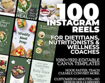 Nutrition Coach Instagram Reels Templates 100 Canva Editable Reels| For Dietitians, Wellness & Health Coaches