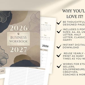 May include: A business workbook for 2026 and 2027 with a neutral color palette. The cover features the text "2026 Business Workbook 2027". The workbook includes 80 pages, 5 PDF sizes, and is an instant digital download.