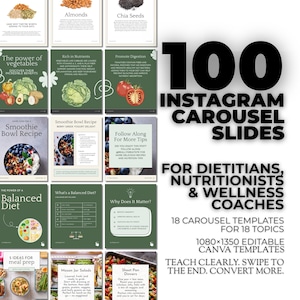 Puede incluir: Un conjunto de diapositivas de carrusel de Instagram para dietistas, nutricionistas y entrenadores de bienestar. Las diapositivas presentan varios temas, incluyendo el poder de las verduras, recetas de cuencos de batidos y dietas equilibradas. El texto incluye "100 diapositivas de carrusel de Instagram".