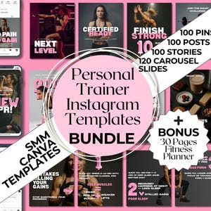 May include: A pink and white graphic bundle for personal trainers, featuring Instagram templates. The design includes images of fitness activities, text overlays, and a bonus fitness planner. Text includes "No Pain No Gain", "New PR!", and "Finish Strong".