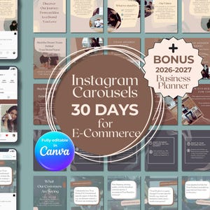 30 días de contenido de carrusel de Instagram para comercio electrónico / Subtítulos preescritos y plantillas de Canva