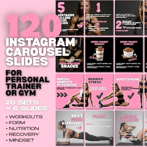 May include: Pink and white Instagram carousel slides for personal trainers or gyms. The slides cover workouts, nutrition, recovery, and mindset. The image includes text about mistakes, exercise benefits, and high-protein snacks.