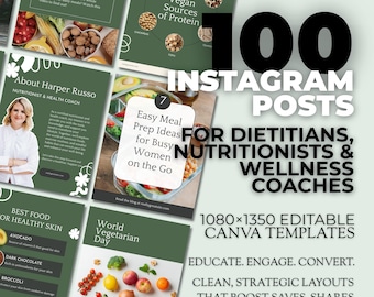Nutrition Coach Instagram Posts 100 Canva Editable Templates for Dietitians, Wellness & Health Coaches