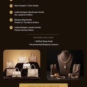 Puede incluir: Un documento digital titulado Guangzhou China Vendor List que presenta cinco proveedores verificados de camisetas gráficas, ropa deportiva, bolsos de diseño y joyería. Incluye una guía de configuración de WeChat y recomendación de envío.