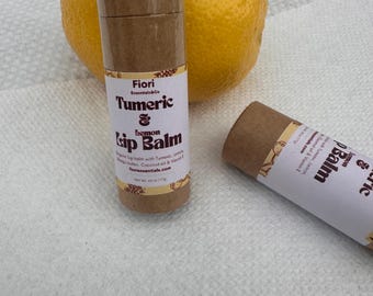 Vegan tumeric zest lip balm. Organic mango butter, lemon and organic candelilla wax.