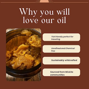 Puede incluir: Un gr&aacute;fico marr&oacute;n con el texto &laquo;Por qu&eacute; te encantar&aacute; nuestro aceite&raquo;. La imagen incluye un primer plano de un tarro con una sustancia marr&oacute;n dorada. El texto a la derecha indica que el aceite es apto para la TSA, sin refinar, recolectado de forma sostenible y procedente de comunidades miskitas.