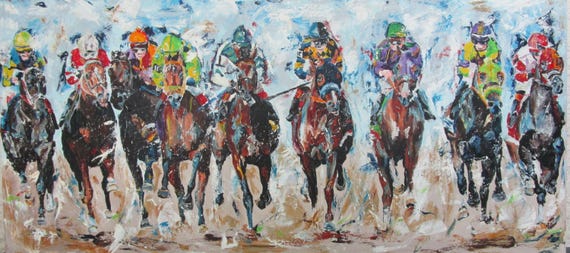 Original oil painting Horse Racing large framed colorful horses