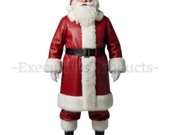 Puede incluir: Imagen de cuerpo entero de un disfraz de Papá Noel. La chaqueta y el pantalón rojos están ribeteados con piel sintética blanca. Un cinturón negro con hebilla dorada ciñe la cintura. El disfraz incluye un gorro a juego, guantes blancos y botas negras.