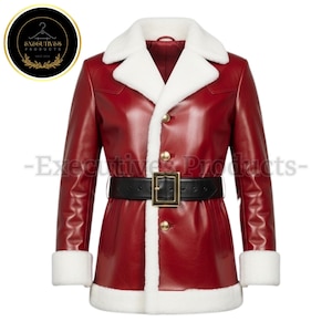 Handmade Red Leather Santa Coat: White Fur Trim, Belted Waist