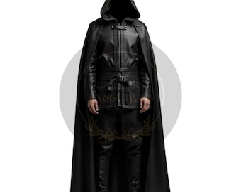 May include: A full-length image of a person wearing a black hooded cloak and matching outfit. The outfit includes a leather jacket with a belt, pants, and boots. The cloak is long and flowing, and the hood is up. The outfit has a medieval or fantasy theme.