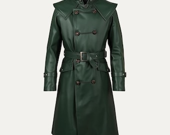 Green Leather Trench - Ceremonial Long Coat for Legends