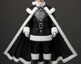 Può includere: Un costume da Babbo Natale nero con giacca, pantaloni e mantello in similpelle nera, rifiniti con finta pelliccia bianca. Il costume include cappello, cintura e stivali abbinati. Babbo Natale indossa guanti bianchi.