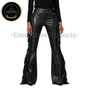 Handmade Black Leather Bell Bottoms: Studded Fringe Pants