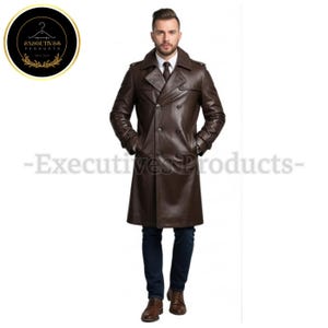 Handmade Brown Leather Trench Coat: Double-Breasted Classic Duster