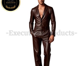 Men's Brown Leather Suit: V-Neck Jacket & High-Waisted Pants