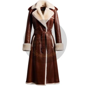 Luxurious Brown Leather Shearling Coat: Handcrafted Fur Trim Trench