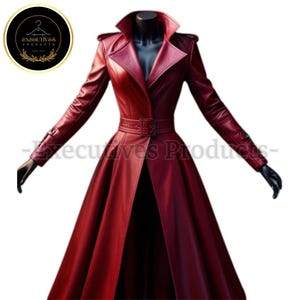Ausgestellter Langer Roter Leder Trenchcoat–Gothic Kaiserin Mantel–Crimson Leder Trenchcoat mit breitem Kragen–Ruby Rebel Trenchcoat für Damen