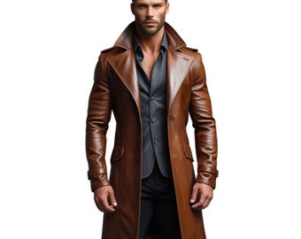 May include: A brown leather trench coat with a wide collar and buttoned cuffs. The coat is knee-length and has a tailored fit. The model is wearing a dark gray shirt and vest with black pants.