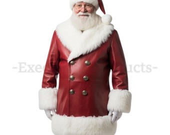 Puede incluir: Disfraz de Papá Noel con abrigo rojo de cuero con botones dorados, ribete de piel sintética blanca y gorro a juego. El atuendo incluye guantes blancos y una larga barba blanca. Un conjunto navideño clásico.