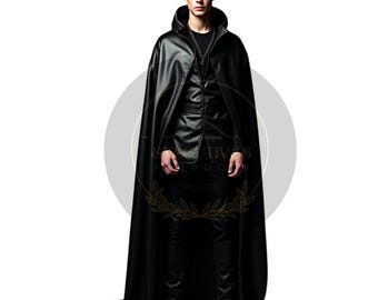 Luxurious Black Leather Cloak - Full-Length Gothic Cloak - Steampunk Cape for Men
