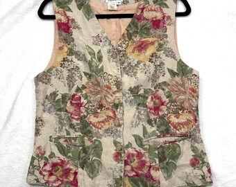Chaleco vintage Talbots 10 de lino con estampado floral y botones, fabricado en EE. UU., estilo boho, estilo campestre, para abuelas.