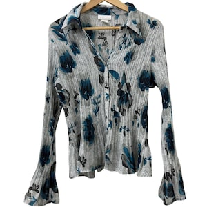 Y2K Worthington XL Floral Pleated Top Flare Sleeve Paisley Print Blue Retro 90s