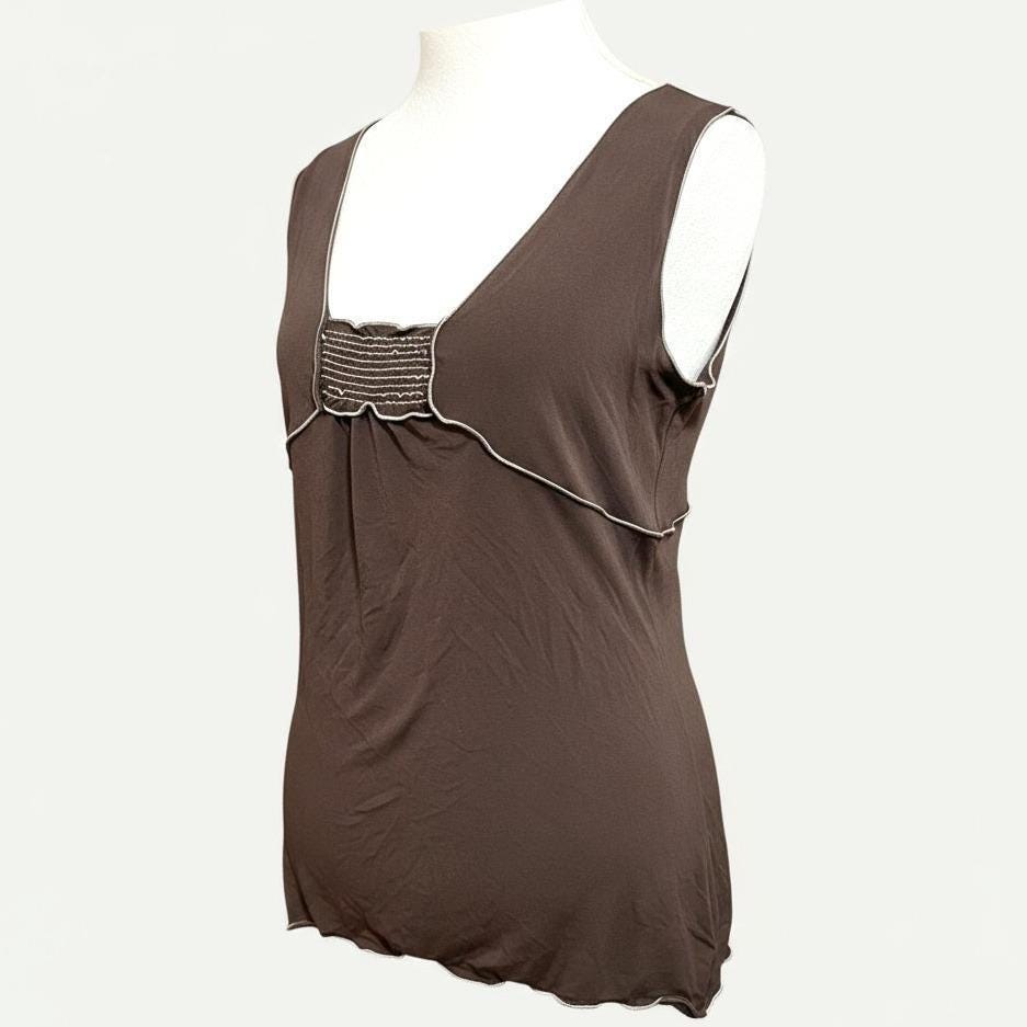 Top Vintage Max Studio Bordeaux à Rayures Beiges - Taille S, Manches Courtes En Modal Stretch - Style Y2K Années 90